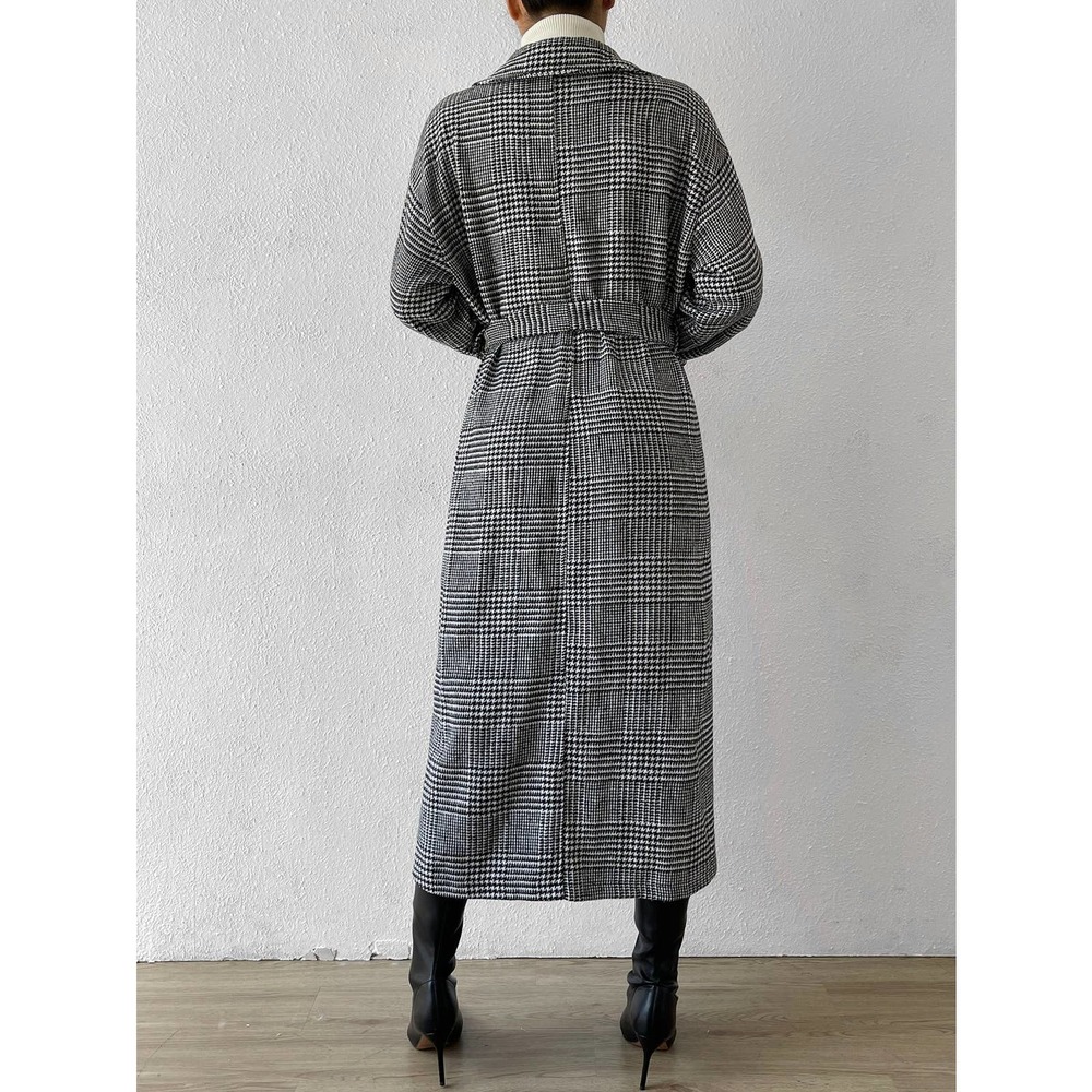 Gray black plaid long trench coat pea coat Belted Overcoat - Picture 2 of 6
